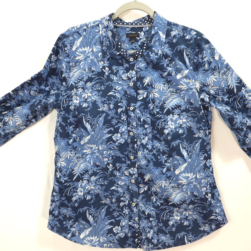 Talbots Button Down Shirt Floral Blue White Women L Coastal Office Chic Preppy